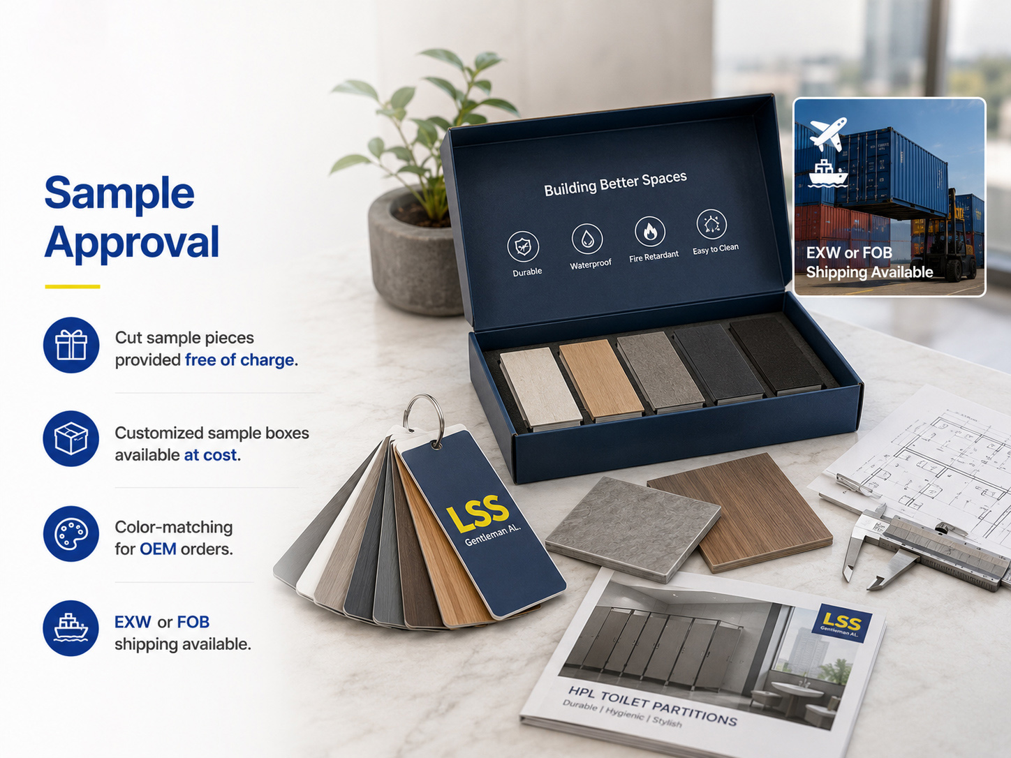 HPL panel and toilet partition sample approval process with custom color matching and OEM pre-production confirmation